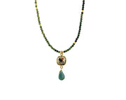 AVF Gold Beaded Multi-Colored Green Tourmaline with Faceted Pyrite & Grandidierite Dangle Necklace (SI6999)